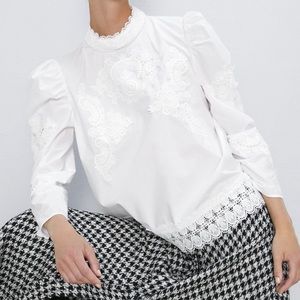 🤍 Zara White Crochet Embroidered Poplin High Neck Blouse